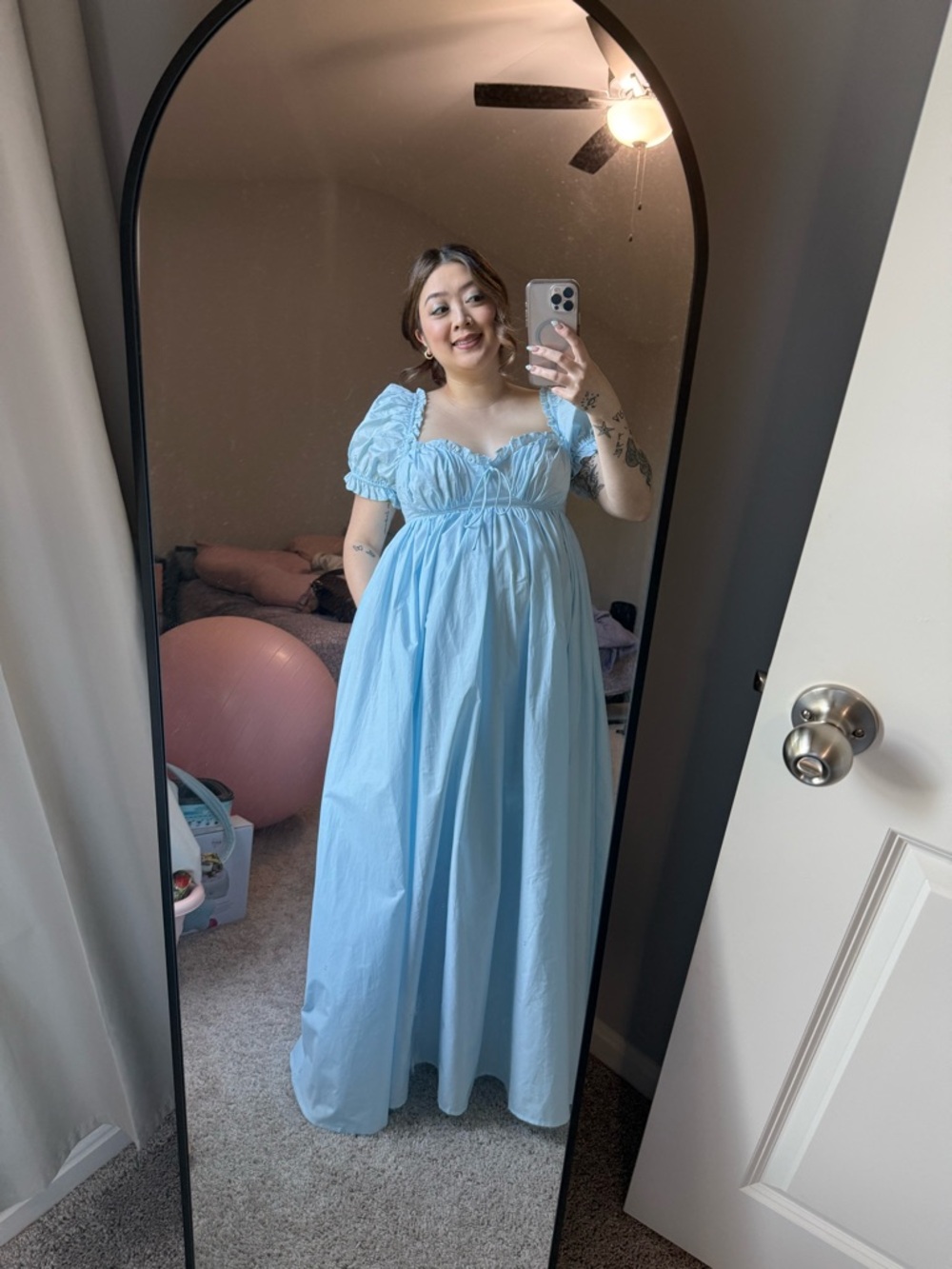 Worth Collective Olivia 100% Cotton Light Blue Puff Sleeve Maternity Dress
